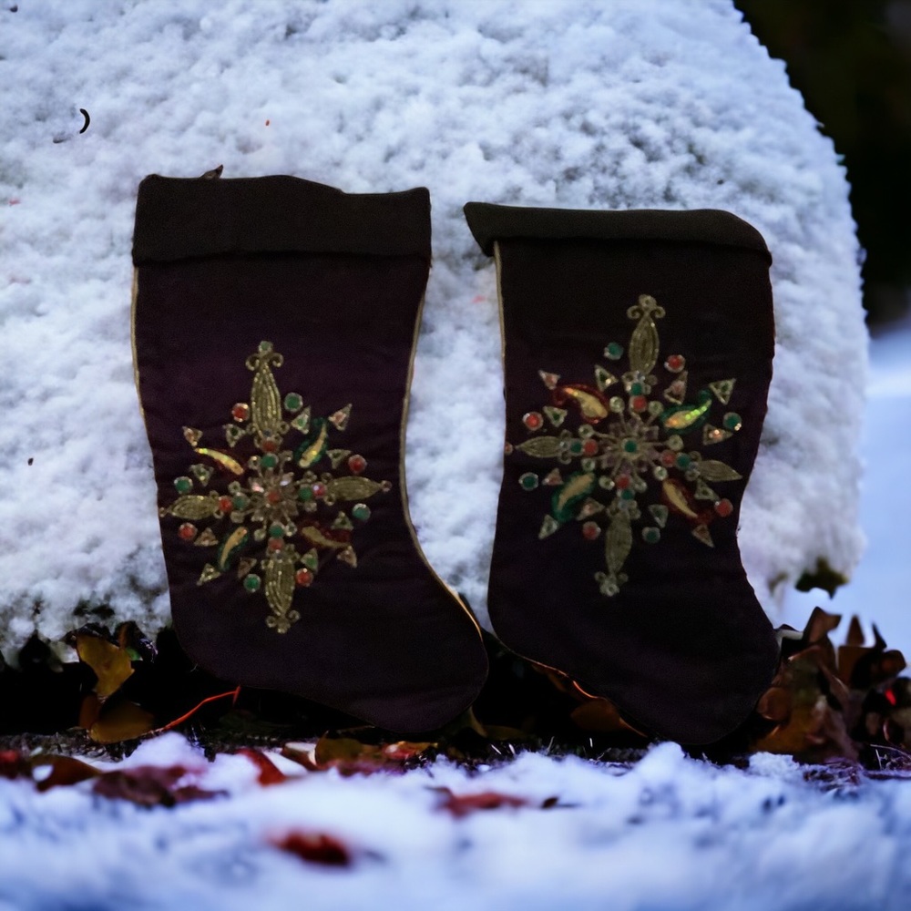 CLOSEOUT. NWOT 2. SANTA’S BEST STOCKINGS MADE IN INDIA.  Bedazzled on purple.